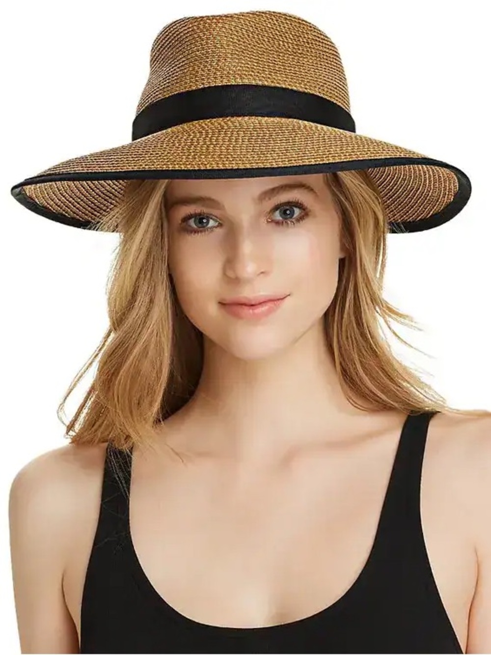 Eric Javits Sun Crest Pacable Hats Wide Brim Straw Sun Hat with Black Trim  OS - Picture 1 of 10